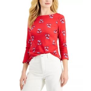 Charter Club Floral-Print 3/4-Sleeve Cotton Top Medium